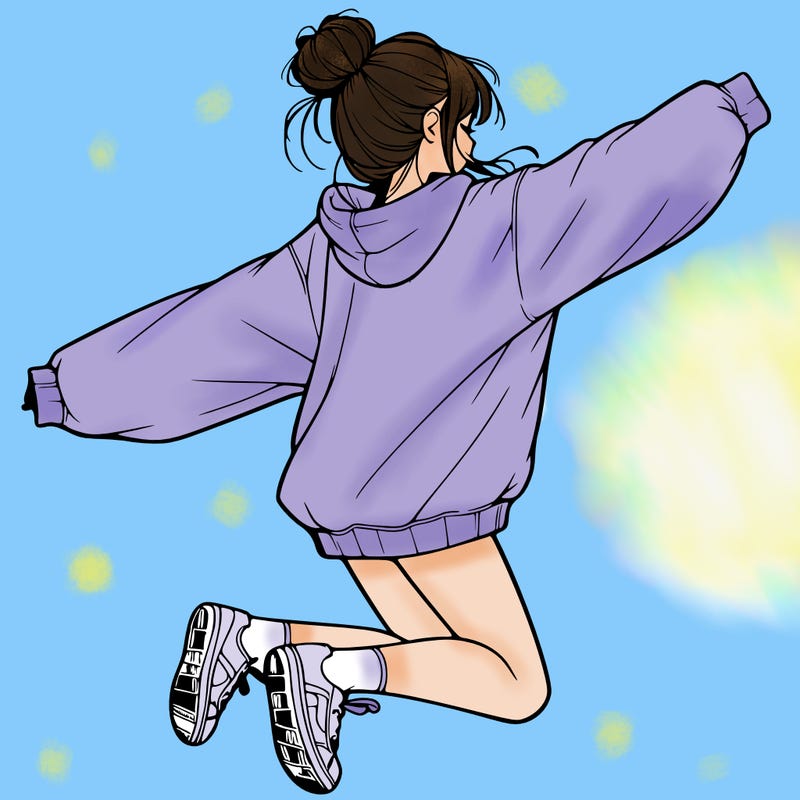 realistic girl jumping with a bun and oversized sweatshirt