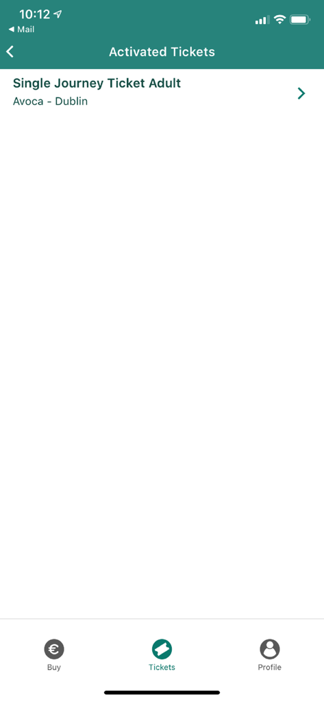 TFI Go - TFI Go app interface showing an activated single journey adult ticket for the Avoca to Dublin route.