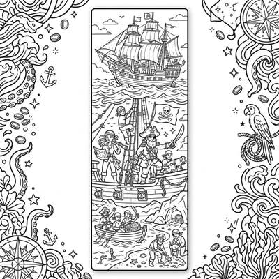 Set sail on a coloring adventure with this dynamic pirate crew bookmark. Featuring a bustling pirate ship, a treasure hunt, and a lively crew, this design is perfect for marking your favorite tales of the sea.
