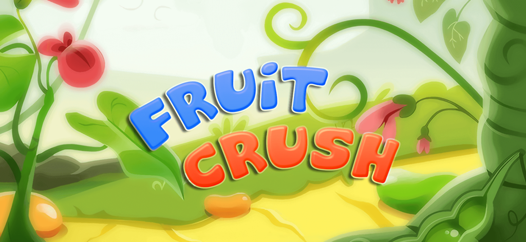 밝은 색상의 거품 글자와 정원 배경이 있는 Fruit Crush 게임 로고