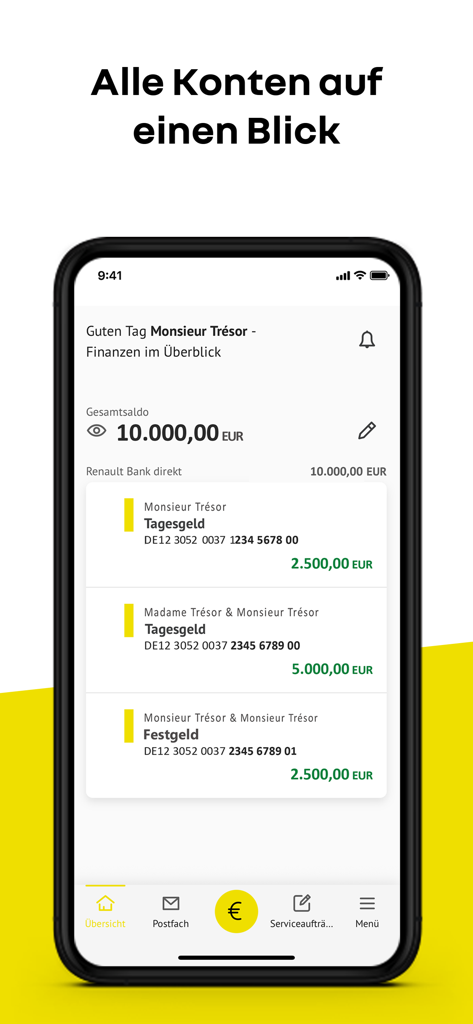 Application bancaire Renault Bank direkt affichant un résumé des comptes d'épargne et à terme avec un solde total de 10 000 euros.