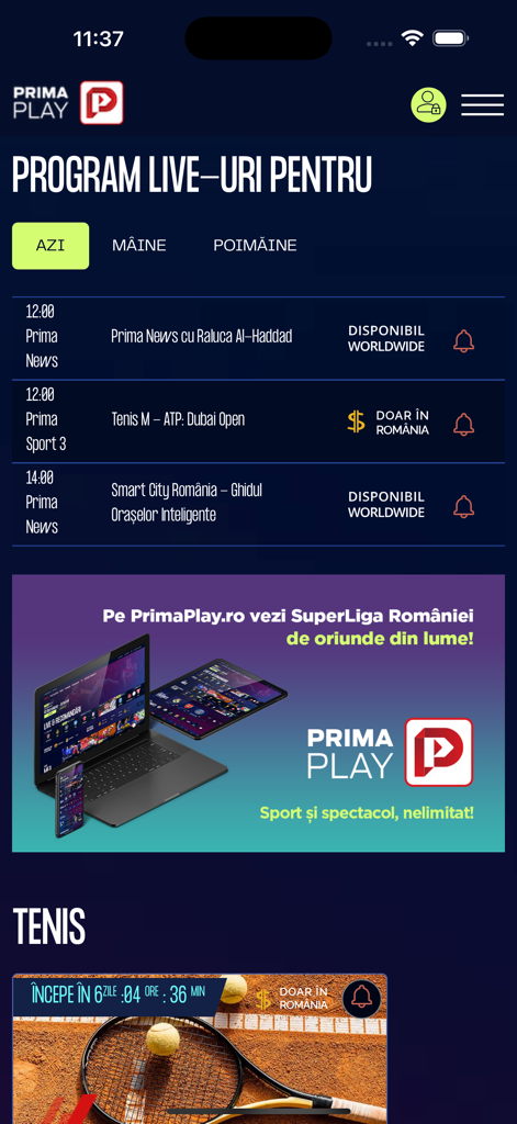 Prima Play mobile app interface showing a live program schedule for Romanian news and sports