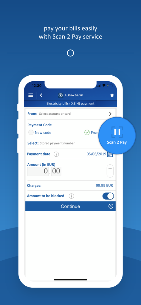 Capture d'écran de l'application mobile myAlpha montrant l'interface de paiement de la facture d'électricité et la fonction Scan 2 Pay.