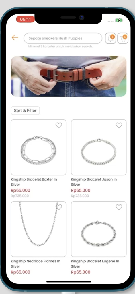 9to9 - Mobile screen showing a variety of silver bracelets and necklaces on the 9to9 shopping app