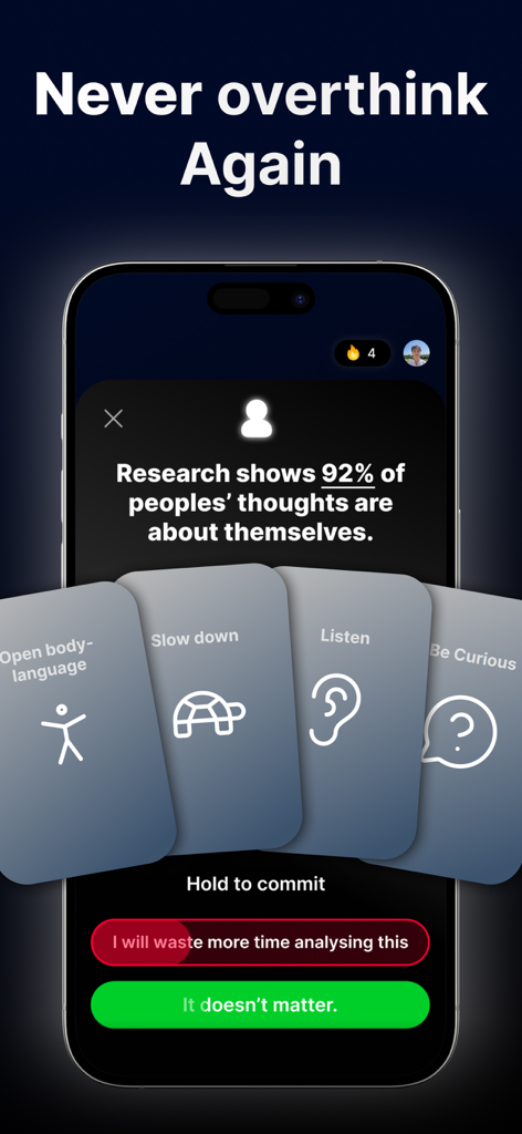 Popular - Charisma Coach - Una pantalla móvil de la aplicación Popular con el texto Nunca Pienses Demasiado y tarjetas de consejos interactivos para la confianza social