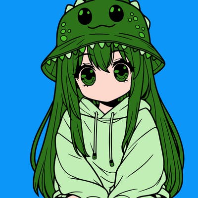 girl with anime shaped eyes with a dinosaur bucket hat oversized sweatshirt long straight hair