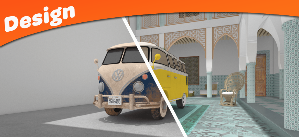 Split screen showing a classic vintage van restoration and a stylish Moroccan home interior design