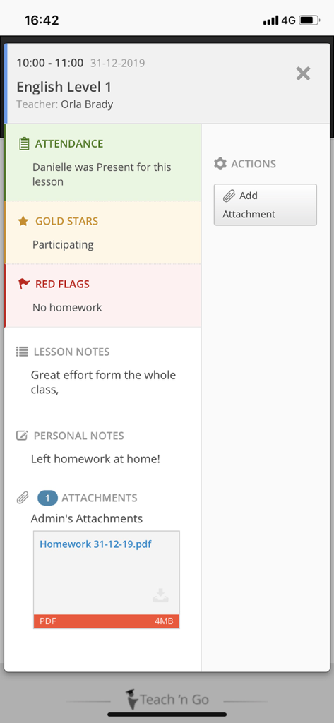 Teach 'n Go - Screenshot of the Teach n Go mobile app showing lesson notes, student attendance, gold stars, and homework attachments for an English class.