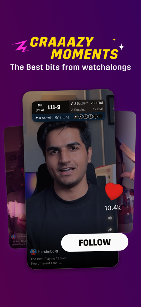 Dream11: Sports Watch Along - Captura de pantalla de la aplicación Dream11 que destaca momentos increíbles de transmisiones deportivas con un video de un influencer y estadísticas del partido de críquet.