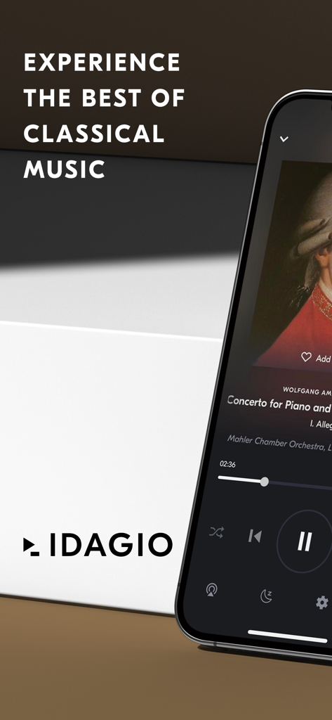 IDAGIO Stream Classical Music - IDAGIO app interface showing a classical music player and the text experience the best of classical music