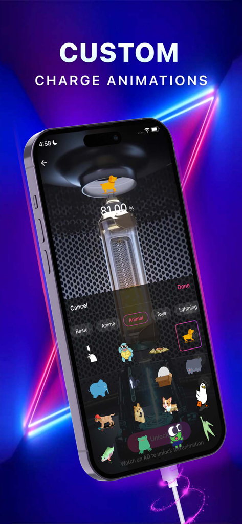 Magic Charger-Charge Animation - Magic Charger app interface showing custom animal charging animations on an iPhone