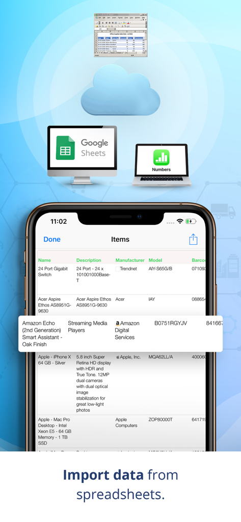 Función de la aplicación Nest Egg para importar datos de inventario desde hojas de cálculo de Google Sheets y Apple Numbers