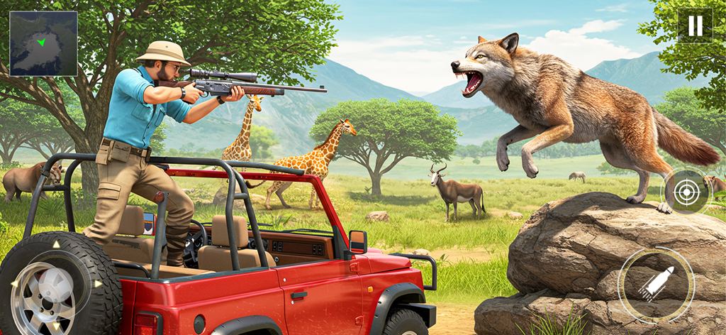 Wild Hunter 3D: Shooting Games - A hunter aiming a sniper rifle from a red safari jeep at a lunging wolf in a wild savanna landscape.