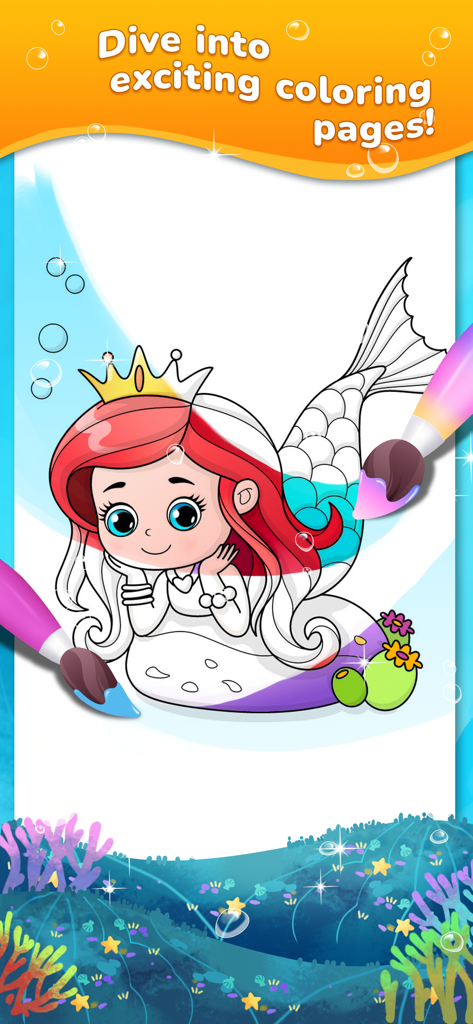 Mermaid coloring book kids - Cute cartoon mermaid on a digital coloring page with paintbrushes