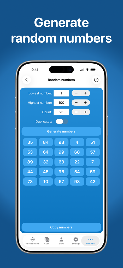A mobile app interface displaying a random number generator tool with a grid of generated numbers