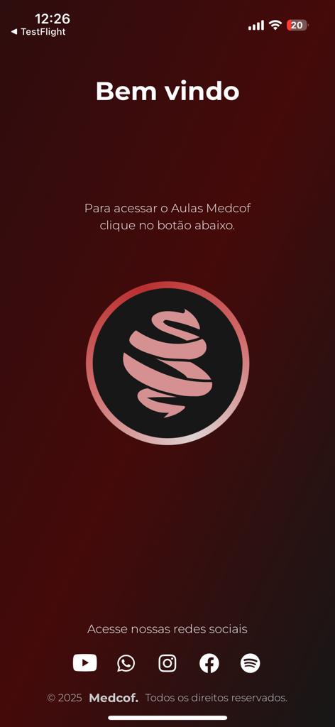 MedCof Aulas - Welcome screen of the MedCof Aulas mobile app for medical residency students