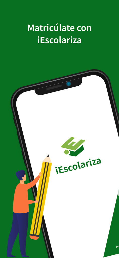 iEscolariza - Una persona sosteniendo un lápiz grande junto a un smartphone con el logo de iEscolariza para la matriculación escolar en Andalucía.