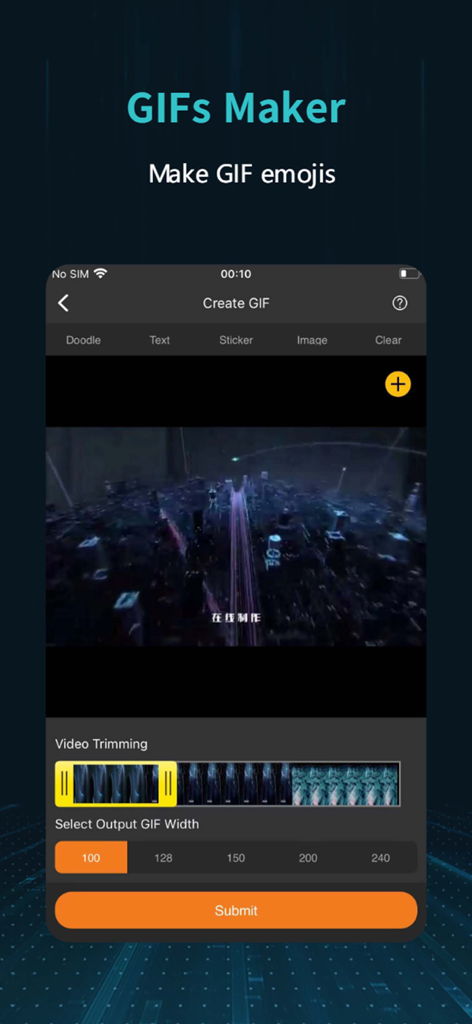OpenCut - OpenCutのモバイルアプリインターフェース。GIFメーカー画面に、動画トリミングと出力幅のオプションが表示されます。