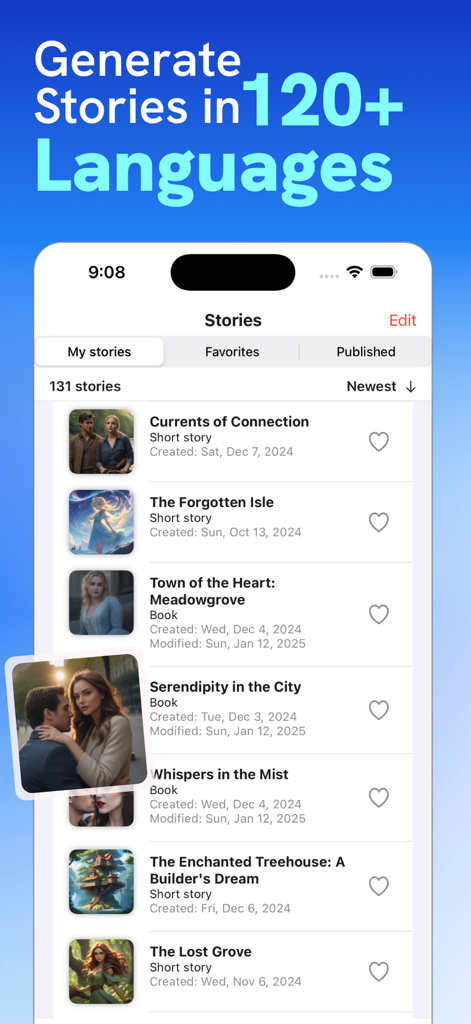 Author AI: Book Creator - Interfaz de la aplicación Author AI que muestra una colección de historias generadas y un titular de soporte multilingüe en más de 120 idiomas.