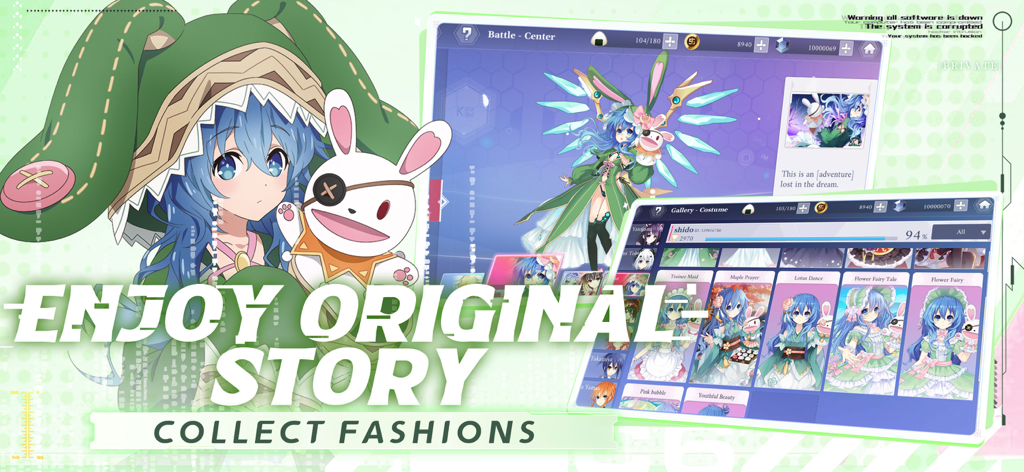 Date A Live: Spirit Echo - Interface showing various character costumes and the fashion gallery in Date A Live Spirit Echo.