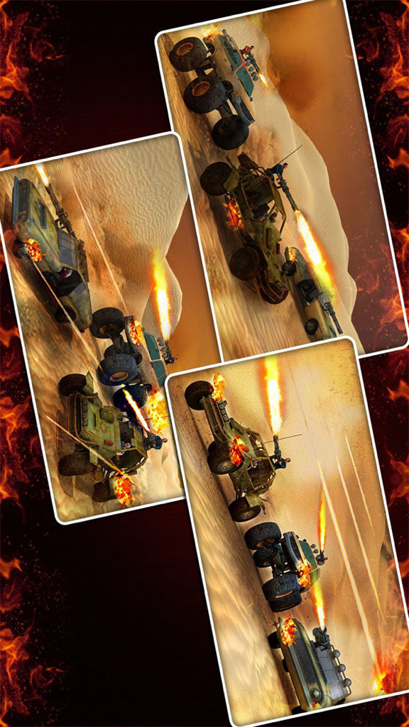 3D Car Race : Fearless Death Race - Combate entre veículos armados e caminhões monstruosos em uma arena desértica.