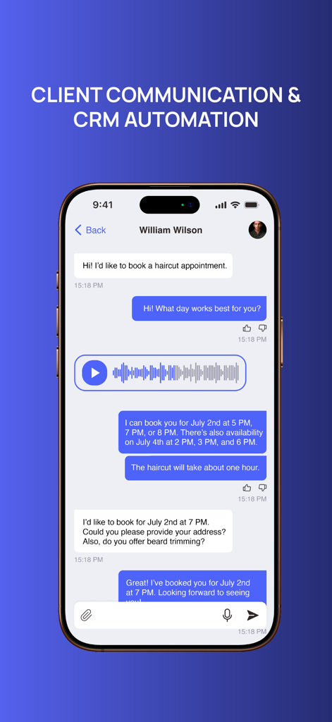 Halper - Halper app interface showing AI-powered client communication and appointment scheduling in a chat window