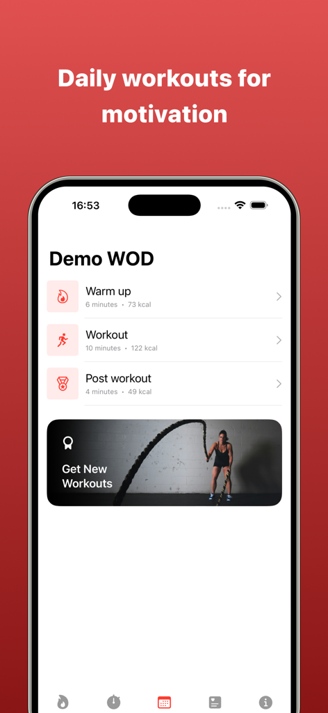 Workout For Women & Men - Interface of the Workout For Women and Men app showing a daily workout plan with warm up, main session, and post workout details