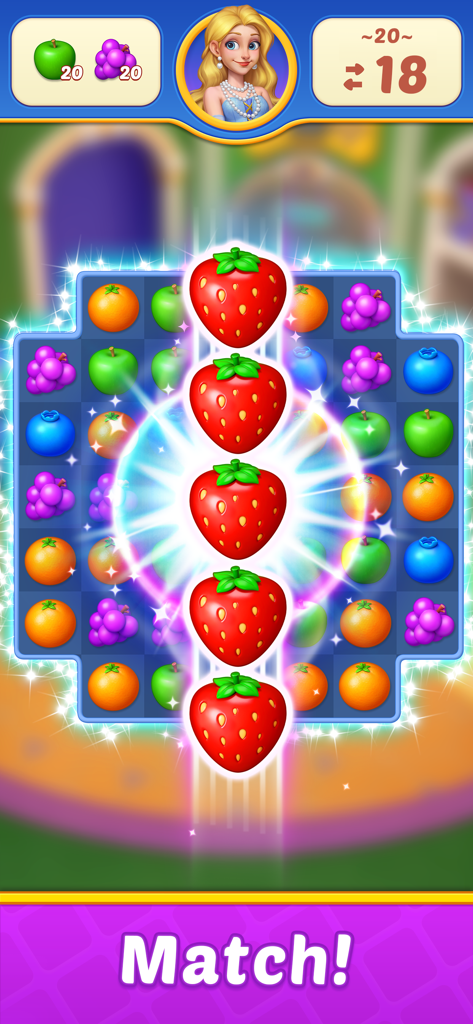 Fruit Diary 2: Match 3 Offline - A colorful match 3 puzzle gameplay featuring strawberries