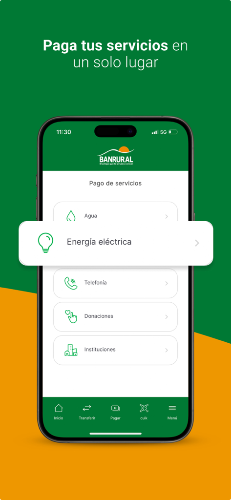 BANRURAL - Interfaz de la app de Banrural mostrando opciones para pagar servicios públicos como electricidad y agua.