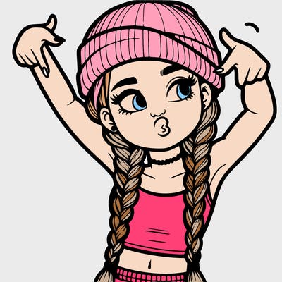 realistic teenage girl with braids and a beanie and crop top doing 🫶🏼
