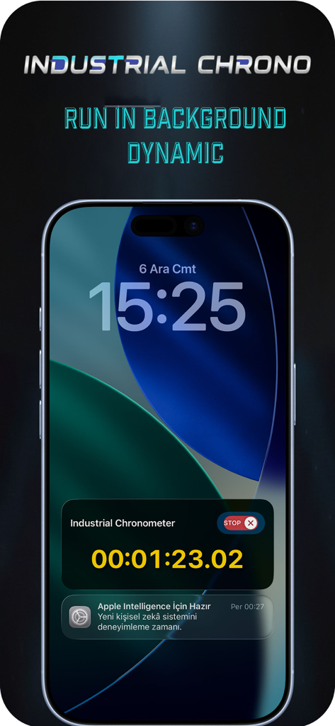 Aplicación Industrial Chronometer mostrando un temporizador preciso como Actividad en Vivo en la pantalla de bloqueo de un iPhone