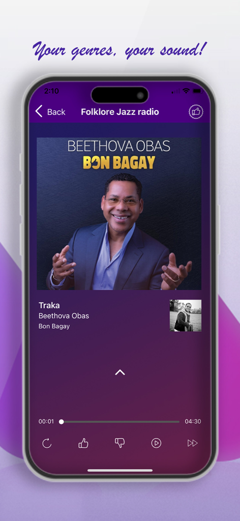 Interfaccia del lettore musicale haitiano dell'app Mizikpam che mostra una canzone di Beethova Obas.