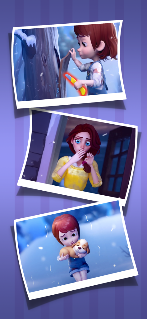 Tres fotos de storyboard que representan momentos pasados y presentes de Elsa en Merge Hotel Empire.