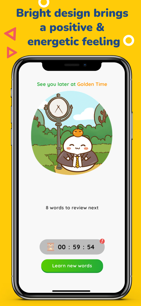MochiKanji - Learn Japanese - Captura de pantalla de la app MochiKanji que muestra el temporizador de cuenta regresiva de Tiempo Dorado y un lindo personaje mascota para un aprendizaje alegre del japonés