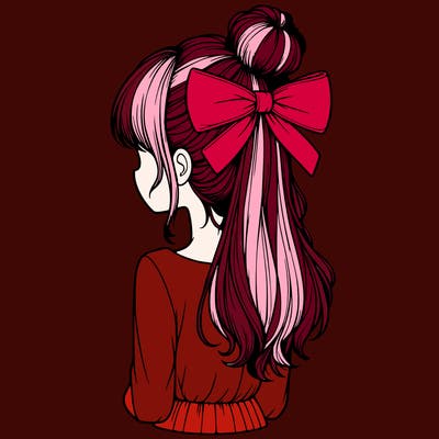 realistic girl  with hip length hair a bun and a big bow on the back of head