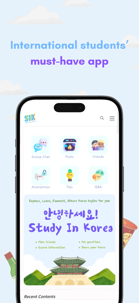 Study In Korea - Study In Koreaアプリのホーム画面。留学生向けのグループチャット、友達、ヒント、Q&Aのナビゲーションアイコンが表示されています。