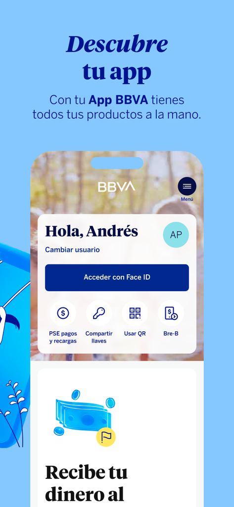 BBVA Colombia | Banca Móvil - Interface de l'application bancaire mobile BBVA Colombie montrant un écran de connexion personnalisé avec accès Face ID et options de paiement rapide.