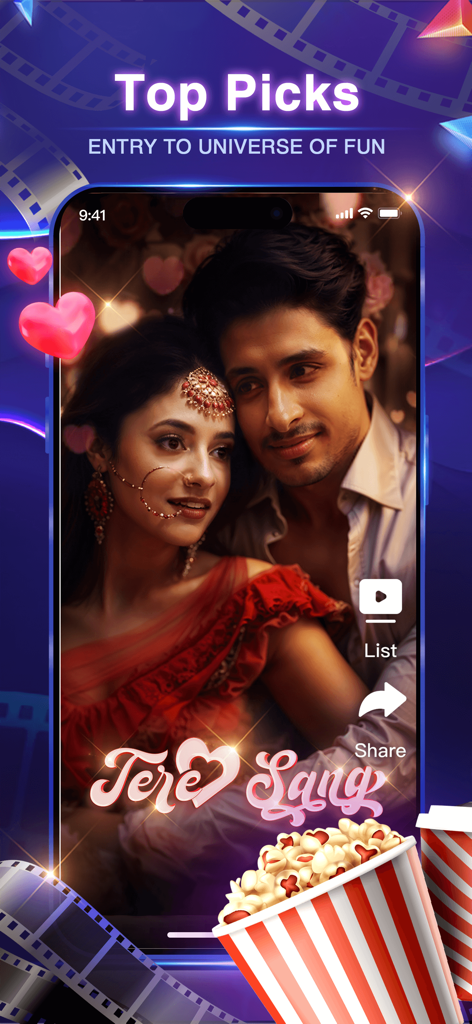 DramaTadka - Shorts & Live - A smartphone screen showing a romantic South Asian short drama series in the DramaTadka app with popcorn and heart icons