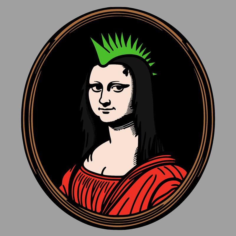 leonardo da vinci's "mona lisa" with punk hairstyle, realistic, thin borders