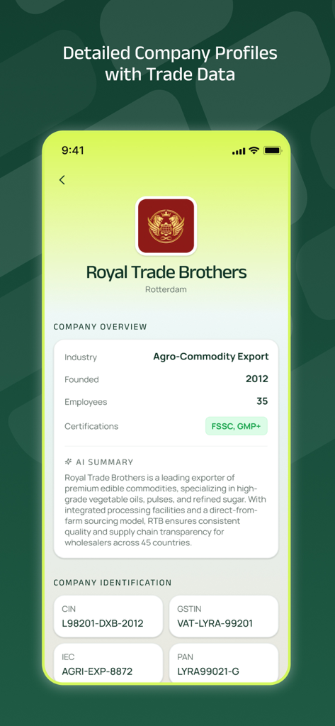 Tradyon - Tradyon mobile app screen showing a detailed company profile for an agri-commodity trading business.