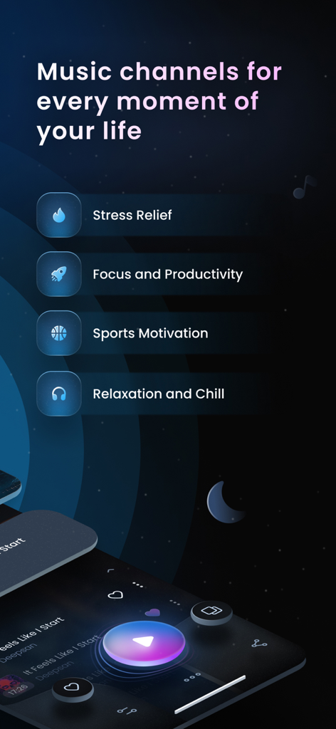 Luna Deep app interface showing music channels for stress relief focus productivity sports motivation and relaxation
