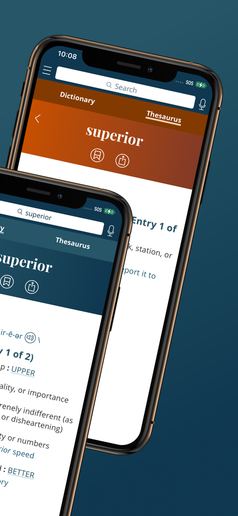 Merriam Webster Dictionary Plus app showing dictionary and thesaurus entries for the word superior on mobile devices