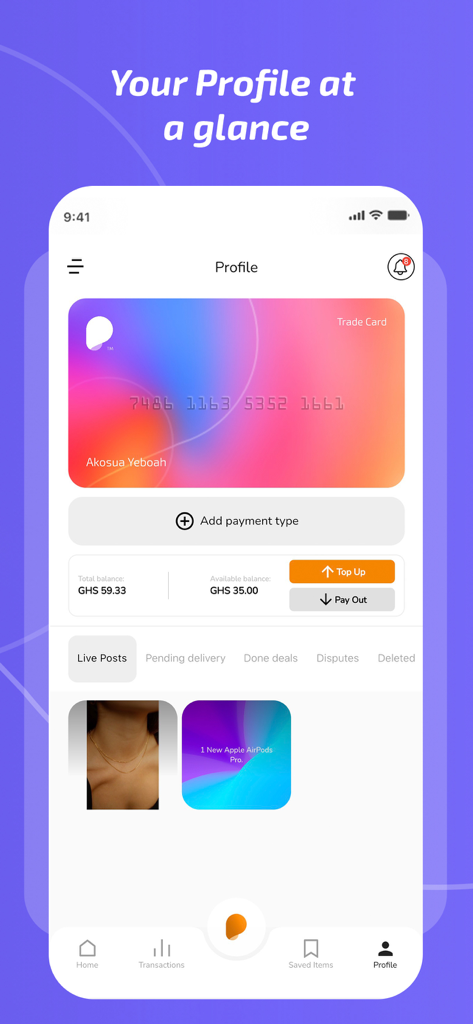 Pamo - Tela de perfil do usuário do aplicativo móvel Pamo apresentando o Cartão de Troca digital e o saldo da carteira