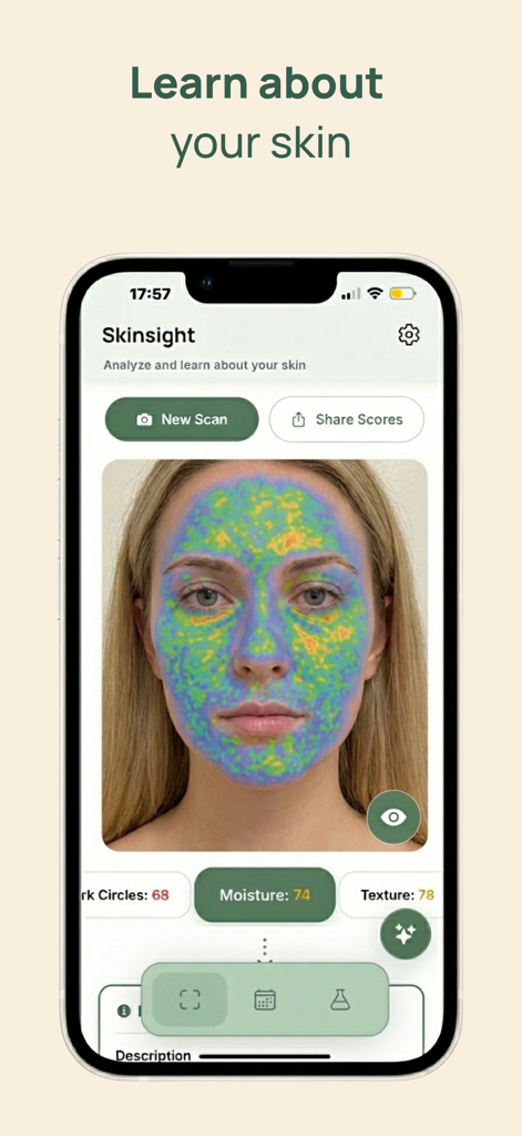 Skinsight AI: Korean Skincare - Skinsight AI mobile app interface showing a facial skin scan with a heatmap overlay and skin health metrics.