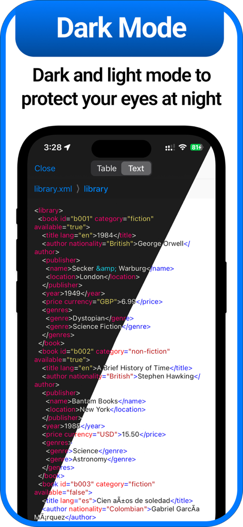 XML viewer app interface showing a split view of dark and light mode themes for reading code