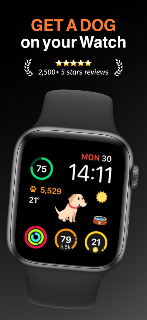 StepDog: Step Counter with Dog - StepDog app interface on an Apple Watch displaying a virtual dog with step counts and fitness complications.