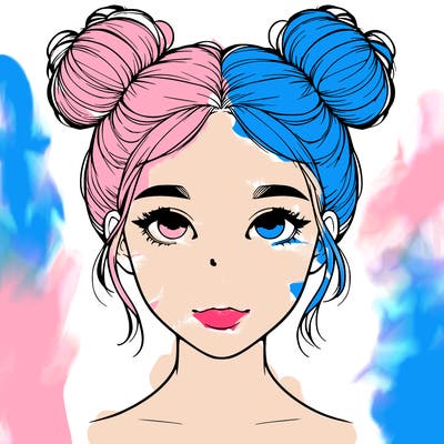 realistic girl with two buns on top of her head