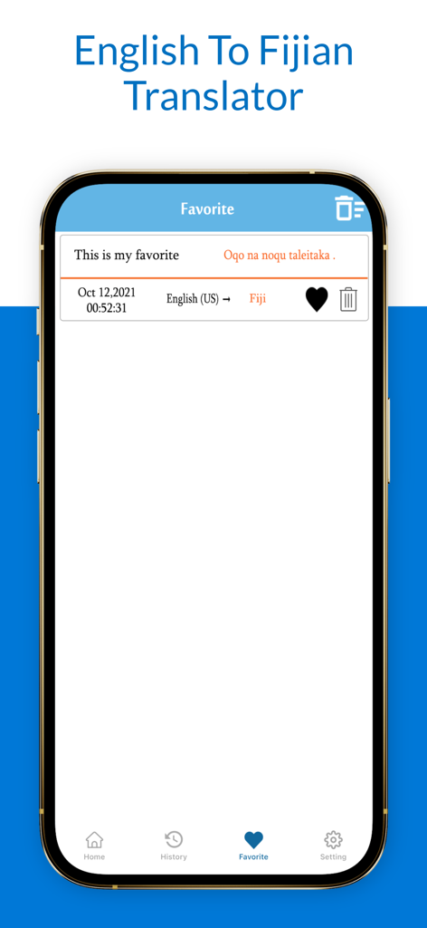 English To Fijian Translator - English to Fijian translator app favorites screen showing a saved translation for the phrase This is my favorite