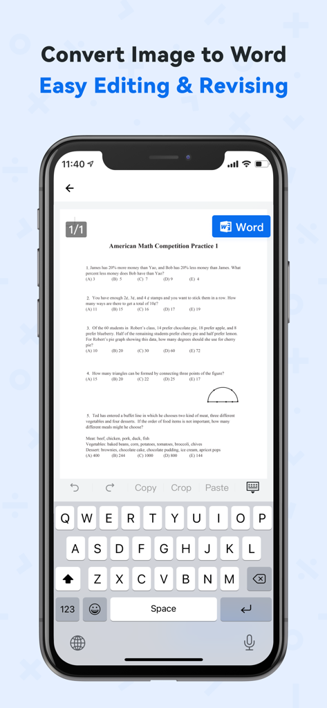 Quiz AI: AI Homework Helper - Quiz AI app interface showing a scanned math test being converted into a Word document for editing.