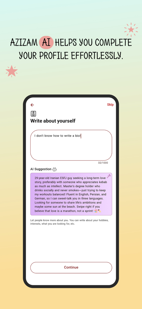 Azizam - Persian Dating App - Azizam App-Bildschirm, der zeigt, wie KI Benutzern hilft, mühelos eine persische Dating-Profilbiografie zu erstellen.